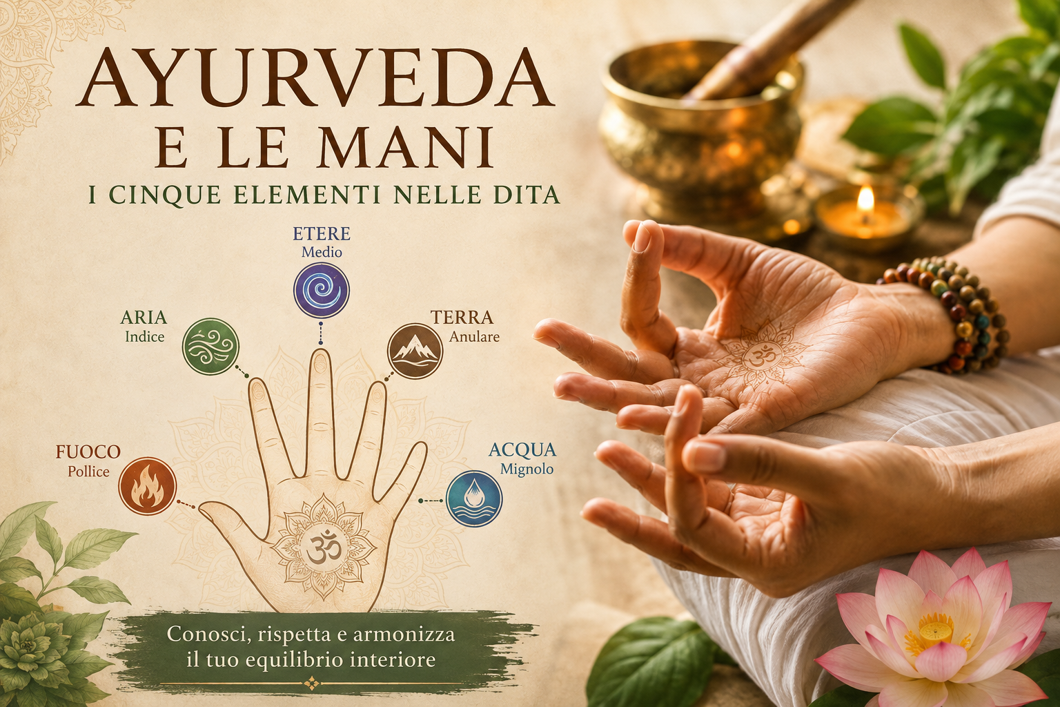 Scopri il legame tra Ayurveda, mani e cinque elementi: il significato delle dita, i Mudra e il ruolo del Prana nella tradizione indiana.