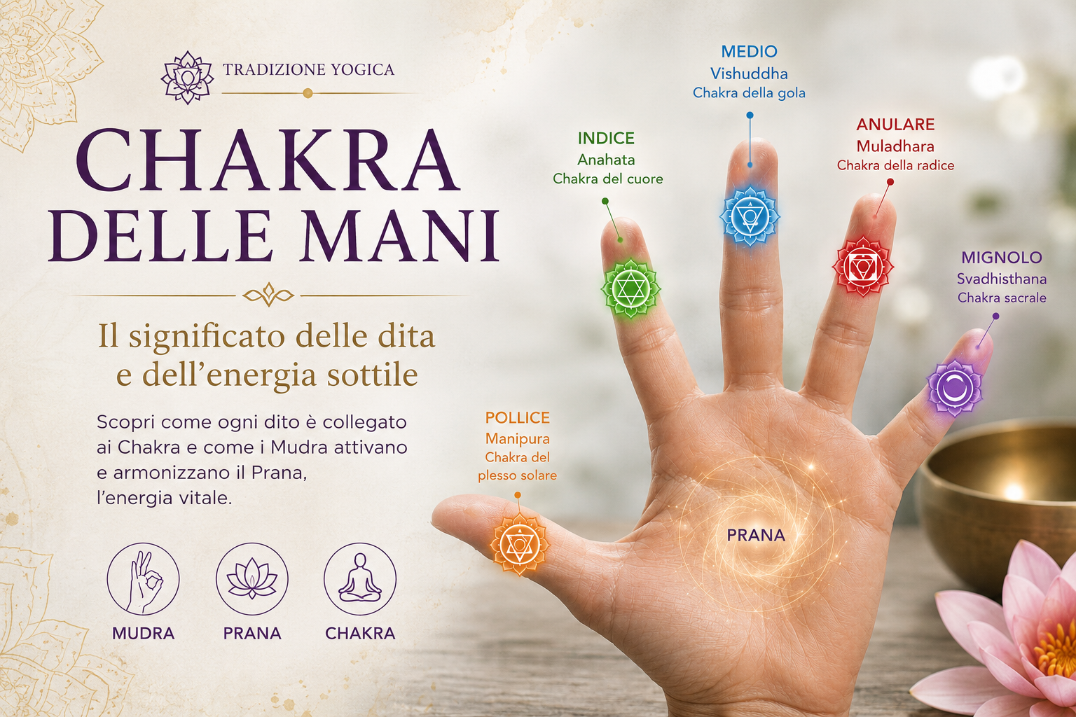 Scopri il significato dei Chakra delle mani, la relazione tra dita e centri energetici e il ruolo di Prana e Mudra nella tradizione yogica.